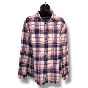 Large Purnell Red White Blue Cotton Flannel Button Up Long Sleeve Shirt Plaid